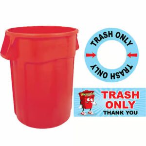 red 32-gallon trash can with decals