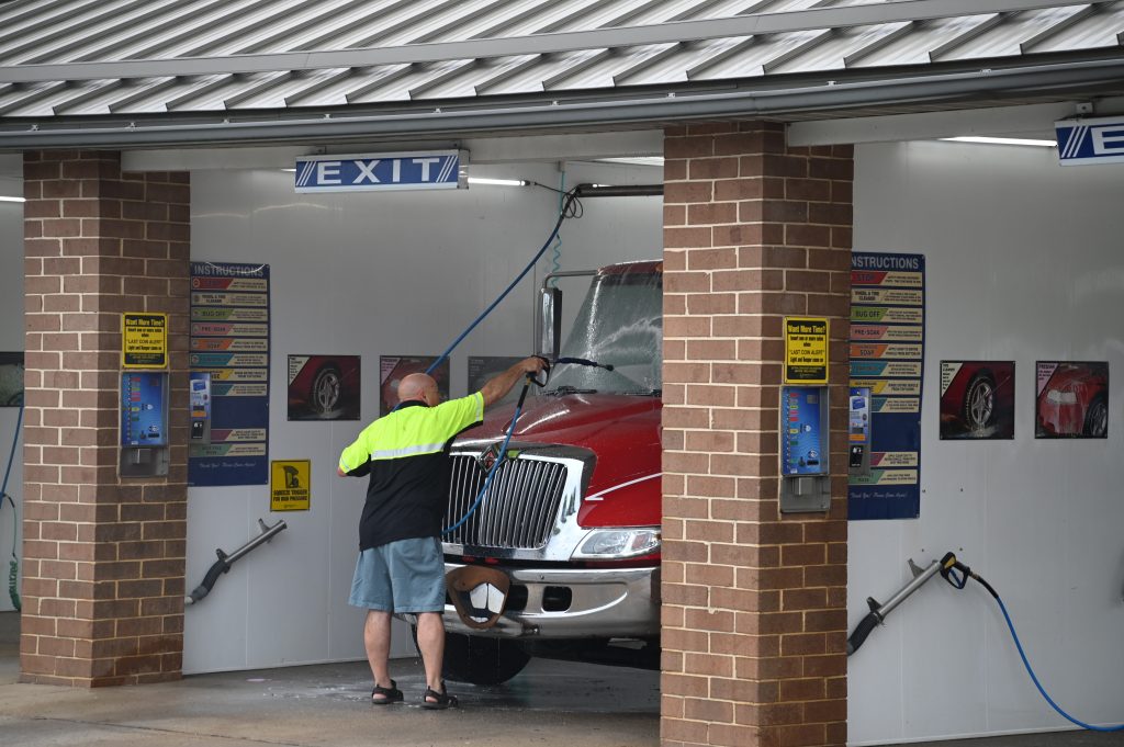 A self-serve bay at Kleen Mist Car Wash