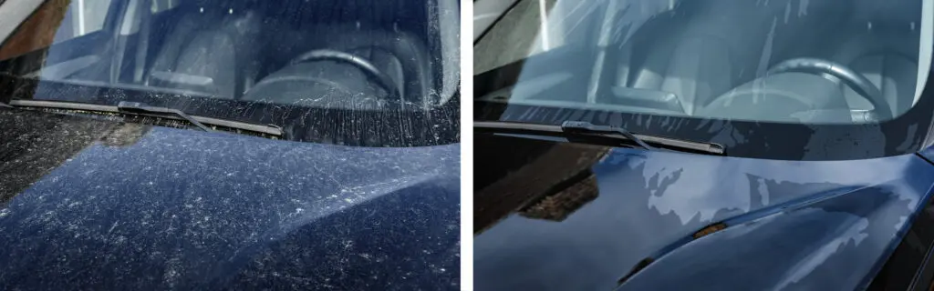 A vehicle before and after a car wash.
