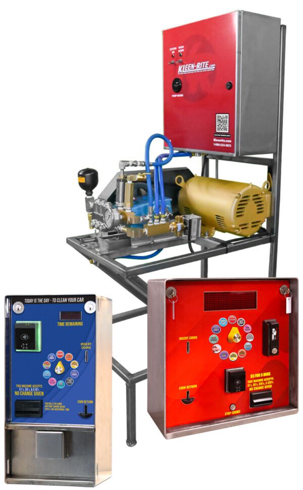 two coin boxes and a car wash pump stand